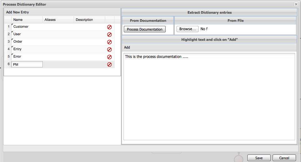 Process Dictionary entry screen