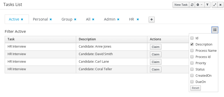 Basic available columns that every task list allows select to be displayed.