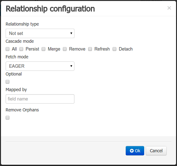 Relationship configuration popup