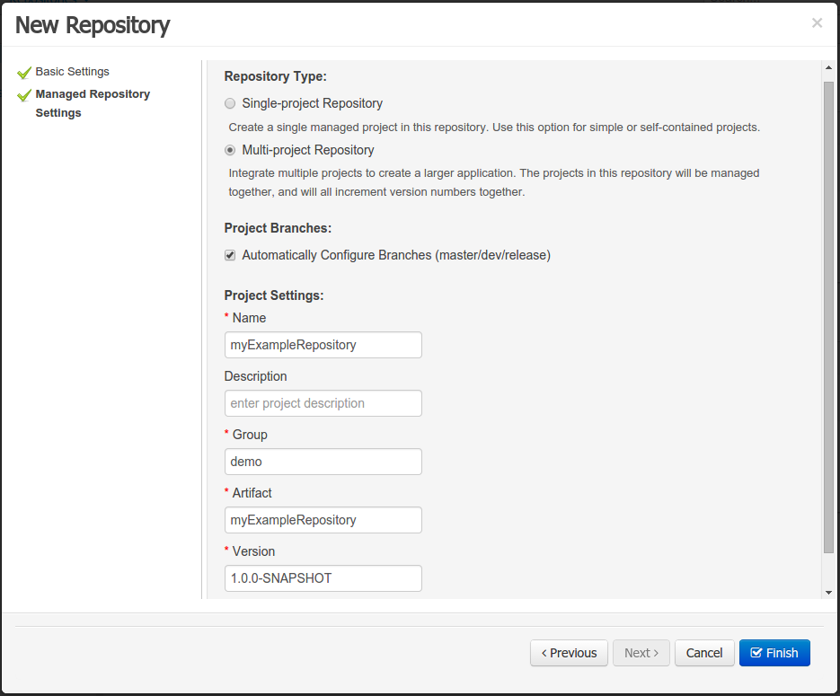 Entering repository information step 2/2 (only for managed repositories)