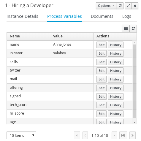 process instances variables