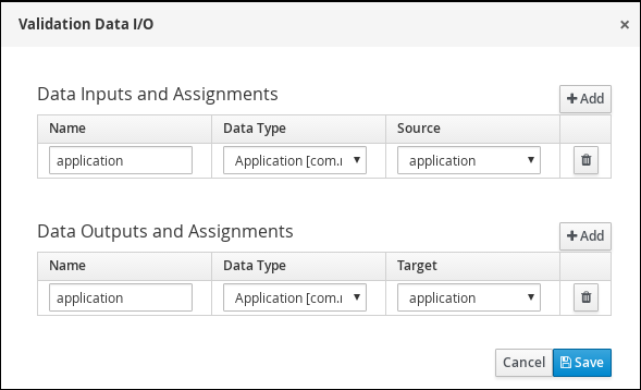 Screen capture of the Validation Data I/O assignments