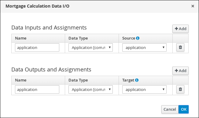 screen capture of the Mortgage Calculation Data I/O assignments
