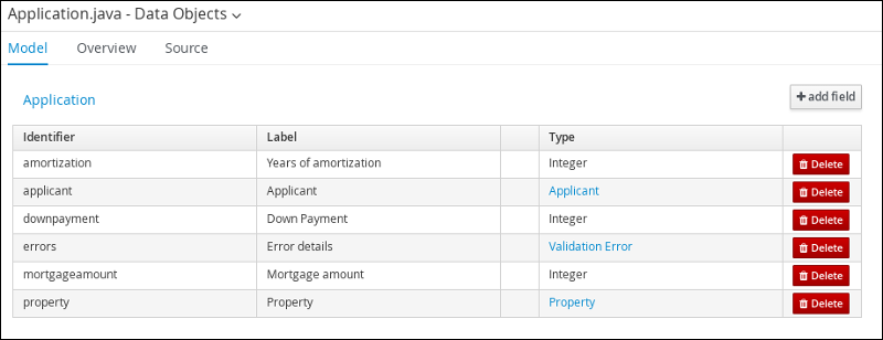 screen capture of the Application data object field values