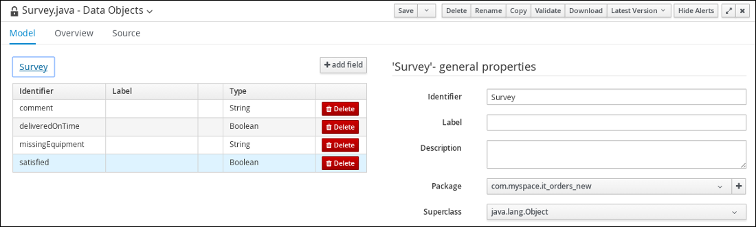 screen capture of the survey data objects dialog