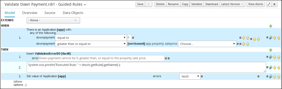 screen caputure of the Validate Down Payment.drl Guided Rules dialog